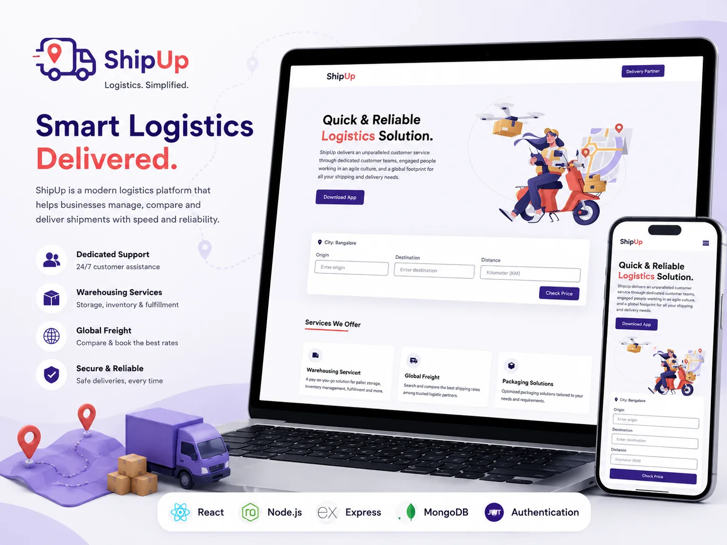ShipUp logistics platform homepage with shipment tracking interface