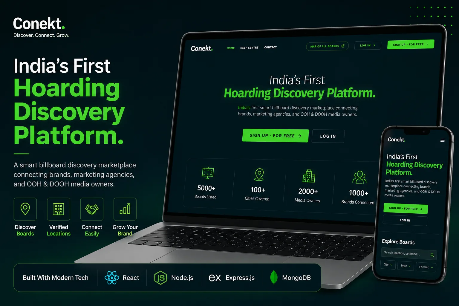 Conekt Ads billboard marketplace homepage with interactive map